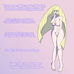 barefoot blonde_hair bottomless breasts female_only femsub happy_trance large_breasts long_hair lusamine milf nintendo nude onemind open_mouth pokemon pokemon_sun_and_moon smile text topless