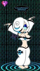  aged_up arm_warmers arms_above_head bare_shoulders barefoot blue_background blue_eyes choker cleavage collarbone dancer dancing english_text eyelashes eyeshadow femsub hair_covering_one_eye happy_trance harem_outfit hypnoscream large_breasts multicolored_hair navel pants pov_dom purification sage_(sonic_frontiers) simple_background solo sonic_the_hedgehog_(series) speech_bubble spiralwash_eyes wide_hips 