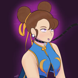 brown_hair china_dress chun-li collar drool earrings female_only femsub hair_buns hair_ornament heart hypnotic_accessory leash m00n_key mantra open_mouth pink_eyes signature simple_background solo spiral spiral_eyes street_fighter symbol_in_eyes text tongue tongue_out