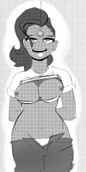 ahoge arms_behind_back breasts breasts_outside dazed female_only femsub greyscale happy_trance open_clothes overwatch pocket_watch shirt_lift sixxxoh sombra_(overwatch) tongue tongue_out