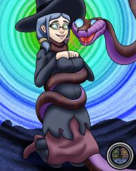  blue_hair boots breasts coils disney dress femsub glasses hypnotic_eyes kaa kaa_eyes little_witch_academia maledom ordeper_arts ponytail snake the_jungle_book ursula_callistis witch_hat 
