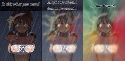  blush breasts brown_hair comic erect_nipples eye_beams female_only femdom furry glowing glowing_eyes greasyi_(manipper) hypnotic_breasts hypnotic_eyes looking_at_viewer manip monkey_girl multicolored_eyes nipples pov pov_sub powfoo see-through shirt_lift short_hair simple_background smile solo text tongue tongue_out undressing 