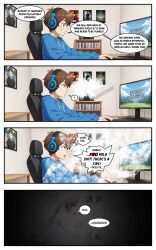 absurdres ai_art bedroom brown_eyes brown_hair comic fungip_(generator) male_only smile smoke speech_bubble surprised sweater text