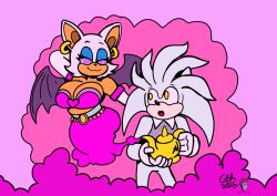 bat_girl butler cleavage earrings eyeshadow femsub furry gameboyred genie hand_on_head heavy_eyelids hedgehog_boy mindtasker_(colorist) opera_gloves pink_eyes rouge_the_bat shirt signature silver_the_hedgehog simple_background smile sonic_the_hedgehog_(series) spiralwash_eyes standing symbol_in_eyes white_skin yellow_eyes