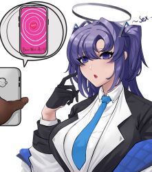  before_and_after blue_archive clothed dark_skin dialogue empty_eyes english_text eyebrows_visible_through_hair fujiaki halo heart hypnotic_screen light_skin long_hair meme phone preview purple_eyes purple_hair sensei_(blue_archive) simple_background spiral suit tech_control text tie twintails white_background yuuka_(blue_archive) 