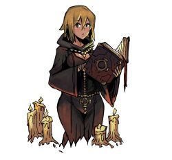 blonde_hair book breasts candle cleavage darkest_dungeon large_breasts pizza_surgeon robe short_hair solo