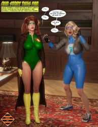 absurdres blonde_hair blue_bombshell bodysuit dangerguy01 duster_(dangerguy01) expressionless femsub fingerless_gloves high_heels lipstick long_hair multiple_girls multiple_subs orange_hair original resisting short_hair sneakers spiral tech_control visor