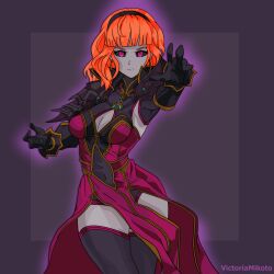  absurdres alternate_costume armor breasts celica_(fire_emblem) cleavage corruption empty_eyes enemy_conversion expressionless female_only fire_emblem fire_emblem_echoes glowing hair_band leotard looking_at_viewer nintendo orange_hair purple_eyes purple_skin short_hair simple_background solo thighhighs victoriamikoto 