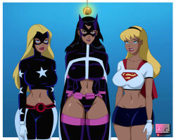  bare_legs black_eyes black_hair blonde_hair blue_eyes cameltoe cape clothed collarbone crop_top dc_comics expressionless female_only femsub ghostlessm gloves glowing hair_band heavy_eyelids huntress large_breasts long_hair mask midriff multiple_girls multiple_subs navel open_mouth pants pendulum signature simple_background skirt standing standing_at_attention stargirl super_hero supergirl thighhighs tomboy 