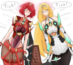 blonde_hair long_hair metronome mythra_(xenoblade) pyra_(xenoblade) red_hair tick-tock_saying xenoblade_chronicles_2