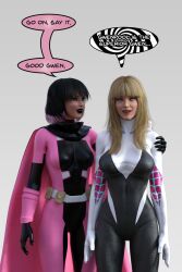 3d alternate_costume cape dialogue female_only femdom femsub gwen_poole gwen_stacy gwenpool happy_trance marvel_comics spider-gwen spiral_eyes super_hero symbol_in_eyes text theheckle