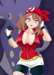  absurdres aged_up belt bike_shorts blue_eyes breasts brown_hair bzurrrf cleavage empty_eyes expressionless female_only femsub glowing glowing_eyes hand_on_head happy_trance hat huge_breasts large_breasts malamar may miniskirt nintendo open_mouth pokemon pokemon_(creature) pokemon_ruby_sapphire_and_emerald short_hair shorts skirt tentacles zipper 