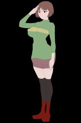  absurdres breasts brown_hair chara_(undertale) dead_source female_only femsub friedshrimp large_breasts red_eyes saluting short_hair solo straight-cut_bangs tagme undertale 