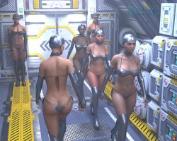 3d ass bikini bikini_bottom bikini_top breasts cap cleavage collar collarbone dark_skin drone earbuds earpiece female_only fingerless_gloves gloves high_heels knee-high_boots lasci_me latex light_skin multiple_girls multiple_subs muscle_girl opera_gloves standing_at_attention tattoo thigh_boots thighhighs uniform visor watermark wires