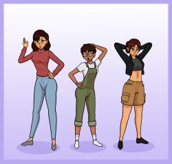  before_and_after brown_hair clothed dark_skin dress female_only freckles glasses midriff mother_and_daughter multiple_girls original ponytail smile sweater unlikely 
