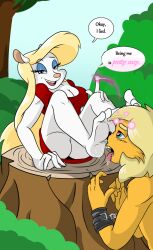 animaniacs bare_legs barefoot blonde_hair bondage breasts cleavage dialogue feet femdom foot_licking furry handcuffs heart heart_eyes hypnotic_feet legs licking long_hair malesub minerva_mink nasiri open_mouth original speech_bubble symbol_in_eyes text tongue tongue_out