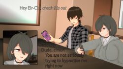  3d absurdres breasts brown_hair choker clothed denial eir-chi_prowtag_(electrickronos) english_text evil_smile femsub h_(thehguy) hypnotic_screen koikatsu! large_breasts maledom multiple_views phone shirt short_hair smile spiral sweater t-shirt tech_control text thehguy unaware 