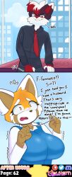 absurdres aggretsuko artifact_the_fox breasts brown_eyes clothed comic dialogue evil_smile eyelashes femsub fox_boy furry glass glowhorn maledom netorare office office_lady open_mouth orange_eyes original red_hair red_panda_girl retsuko_(aggretsuko) sanrio scared shiny_skin shirt simple_background smile smug suit table tie tongue white_hair