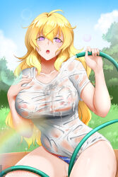 ahoge bikini_bottom blonde_hair breasts erect_nipples female_only femsub glowing glowing_eyes heart heart_eyes kimmy77 large_breasts large_hips long_hair looking_at_viewer manip misterman4_(manipper) open_mouth rwby see-through spiral_eyes symbol_in_eyes tagme wet wet_clothes yang_xiao_long