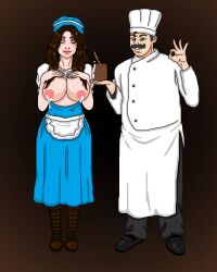  absurdres boots breasts brown_hair chef_uniform cleavage dress erect_nipples femsub grey_hair happy_trance hat huge_breasts lactation light_skin long_hair long_skirt maid maledom milk mspainter mustache nipples pink_lipstick shirt_lift shoes simple_background skirt smile spiral_eyes standing topless 