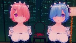 3d arm_warmers blue_eyes blue_hair blush custom_maid_3d_2 dazed dress expressionless female_only femsub hair_covering_one_eye kaonashi765 looking_at_viewer maid maid_headdress multiple_girls multiple_subs pink_eyes pink_hair ram_(re:zero) re:zero_starting_life_in_another_world rem_(re:zero) ribbon ring_eyes short_hair sisters standing standing_at_attention symbol_in_eyes twins