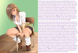 bipp_(manipper) breasts brown_hair caption caption_only cleavage earrings female_only femdom hypnotic_breasts jewelry large_breasts leaning_forward looking_at_viewer male_pov manip pov pov_sub purple_eyes school_uniform text