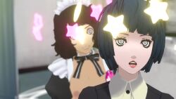 3d animated blender blue_hair breast_grab breasts brown_hair femdom femsub happy_trance hypnotized_hypnotist maid maid_headdress messy_hair open_mouth persona_(series) persona_5 sadayo_kawakami short_hair smile spiral_eyes spiralwash_eyes straight-cut_bangs tae_takemi tagme video vynil yuri