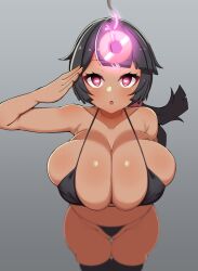  black_hair breasts detritus dialogue femsub heart heart_eyes large_breasts nintendo open_mouth pendulum pokemon pokemon_omega_ruby_and_alpha_sapphire short_hair standing standing_at_attention symbol_in_eyes text underwear zinnia 