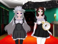  3d 3d_custom_girl animated animated_gif breasts brown_hair clothed dazed empty_eyes female_only femsub l-exander909 large_breasts long_hair maid multiple_girls open_mouth original pendulum pocket_watch white_hair 