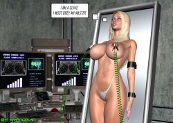  3d blonde_hair brain cleavage collarbone earrings erect_nipples expressionless femsub hypnoman jenny_poussin jewelry long_hair open_mouth original ring tech_control text thick_thighs thong white_eyes 