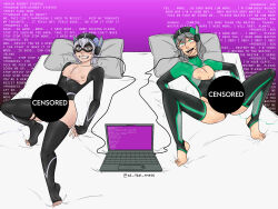 absurdres barefoot bed bodysuit censored doras_(artist) ed_the_mess exposed_chest femboy fingerless_gloves gradient_background green_eyes grey_eyes grey_hair happy_trance helmet laptop leotard lying male_only maledom malesub multiple_boys multiple_subs nipples on_back open_mouth original pillow resisting short_hair signature silver_hair simple_background smile stirrups super_hero tech_control text thighhighs tongue tongue_out wires