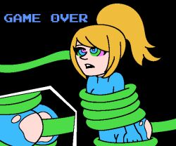 anal animated animated_gif apopop ass blonde_hair bodysuit brain_injection coils expressionless female_only femsub injection kaa_eyes metroid_(series) nintendo open_mouth ponytail samus_aran sex simple_background tentacle_sex tentacles torn_clothes zero_suit 