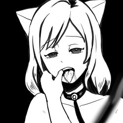  3ronais3 cat_ears collar drool empty_eyes femsub finger_in_mouth greyscale leash open_mouth original short_hair tongue tongue_out 