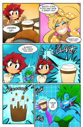  apron barcode blonde_hair blue_skin bree_(gacha_gotcha) comic dialogue dress earrings food gacha_gotcha gloves green_hair kobi94 leotard red_hair short_hair snip_(gacha_gotcha) speech_bubble text 