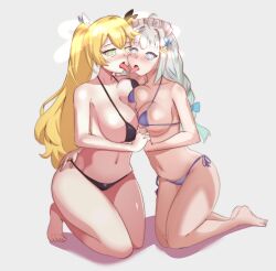 absurdres ahoge barefoot bikini blonde_hair breast_press breasts dokibird female_only femsub french_kiss kneeling large_breasts long_hair mint_fantome multiple_girls multiple_subs navel smeef spiral_eyes tongue tongue_out twintails virtual_youtuber white_background yuri