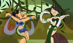 anti_noty black_hair breasts cleavage dancer dancing eva_(total_drama) femsub forked_tongue happy_trance harem_outfit heather_(total_drama) jewelry jungle kaa_eyes multiple_subs open_mouth rainbow_eyes red_eyes smile snake tongue tongue_out total_drama