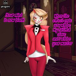 altered_common_sense blonde_hair charlie_(hazbin_hotel) clothed hazbin_hotel perfume red_eyes text veigoarts
