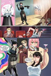  anya_forger black_hair blonde_hair blue_hair blue_lipstick blush boots breasts dress femdom femsub fishnets glatu glowing_eyes hair_band huge_breasts jewelry large_breasts lipstick loid_forger long_hair necklace original pink_hair short_hair spy_x_family stage_hypnosis suit top_hat yor_briar 