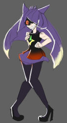  alternate_costume androgynous_dom bare_shoulders black_eyes blonde_hair breast_fondling breasts clothed eye_color_change femsub gengar grey_background hair_color_change hair_covering_one_eye high_heels hiyaa leggings long_hair lusamine milf multicolored_hair nintendo pokemon pokemon_red_green_blue_and_yellow pokemon_sun_and_moon possession purple_hair red_sclera simple_background slit_pupils smile standing 