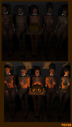 3d black_hair blonde_hair bottomless breasts collar cuffs femsub halloween happy_trance jack_o&#039;_lantern large_breasts multiple_girls original red_hair short_hair standing standing_at_attention topless voyer