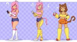  before_and_after brown_hair cat_ears cat_girl femsub furry gameoverse kit_bodega_(gameoverse) large_breasts long_hair original pink_hair shellstro short_hair tail transformation 