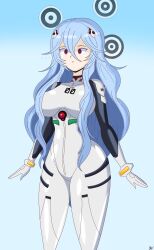  absurdres blue_hair bodysuit clothed diegosagiro empty_eyes expressionless female_only femsub gradient_background large_breasts latex neon_genesis_evangelion red_eyes rei_ayanami standing very_long_hair 