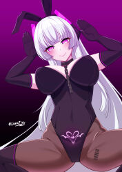 barcode blue_archive blush boots breasts bunny_ears bunny_girl bunny_pose chains collar crotch_tattoo empty_eyes fake_animal_ears gloves gradient_background happy_trance headphones huge_breasts large_breasts leotard looking_at_viewer lukazyx noa_(blue_archive) opera_gloves pantyhose pink_eyes purple_background signature simple_background smile spread_legs squatting straight-cut_bangs tattoo thigh_boots thighhighs very_long_hair 