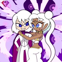  aged_up blue_eyes blush breasts choker clothed dark_skin earrings happy_trance heart_eyes heterosexual hypnoscream jewelry large_breasts long_hair love prince prince_demande sailor_moon sailor_moon_(series) short_hair smile symbol_in_eyes white_hair 