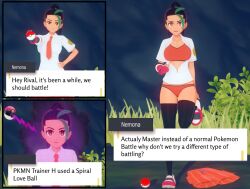  3d before_and_after black_hair breasts brown_eyes collarbone comic dark_skin dialogue empty_eyes female_only femsub fingerless_gloves gloves green_hair heart heart_eyes koikatsu! multicolored_hair nemona_(pokemon) nintendo orange_eyes outdoors pokeball pokemon pokemon_scarlet_and_violet ponytail shirt skirt smile sneakers symbol_in_eyes tagme tan_skin tech_control text thehguy thighhighs tie underwear undressing 