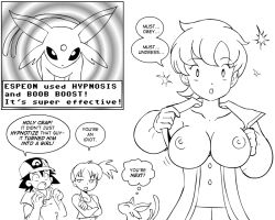  anabel ash_ketchum breast_expansion breasts empty_eyes espeon expressionless femsub greyscale large_breasts misty monochrome nintendo p.chronos pokemon pokemon_(anime) pokemon_(creature) pokemon_ruby_sapphire_and_emerald short_hair shrunken_irises text thought_bubble topless undressing 