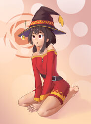 absurdres bare_legs bare_shoulders barefoot brown_hair clothed coin drool expressionless female_only femsub glatu gradient_background hat kneeling kono_subarashii_sekai_ni_shukufuku_wo! megumin_(konosuba) open_mouth pendulum red_eyes solo witch witch_hat