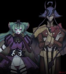  absurdres ahoge alternate_costume black_background blonde_hair blue_hair breasts clothed corruption crossed_arms cthulhu_(cosmic_horror_show) cygames eldritch evil_smile eye_color_change femsub gloves green_hair hair_color_change hand_on_hip honegai21 horns large_breasts looking_at_viewer malesub mask mayu_mayusaka midriff multicolored_hair navel necronomico_and_the_cosmic_horror_show nyarlathotep possession red_eyes simple_background tentacles tick_tock_man unusual_pupils very_long_hair 