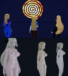  3d before_and_after blonde_hair bodysuit bottomless breasts breath_of_the_wild cynthia dollification elf elf_ears empty_eyes expressionless female_only femsub hair_covering_one_eye hypnotic_spiral koikatsu! large_breasts long_hair metroid_(series) multiple_girls multiple_subs navel nintendo nipples nude pokeball pokemon pokemon_diamond_pearl_and_platinum ponytail princess princess_zelda pussy samus_aran spiral standing super_smash_bros. the_legend_of_zelda topless tr4pd00r zero_suit 
