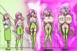  before_and_after bimbofication boots bradtanker3 brain_drain breast_expansion breasts choker corruption equestria_girls femsub fluttershy green_lipstick hair_ornament high_heels huge_breasts large_breasts large_lips leggings long_hair my_little_pony navel pink_hair thighs thong transformation 